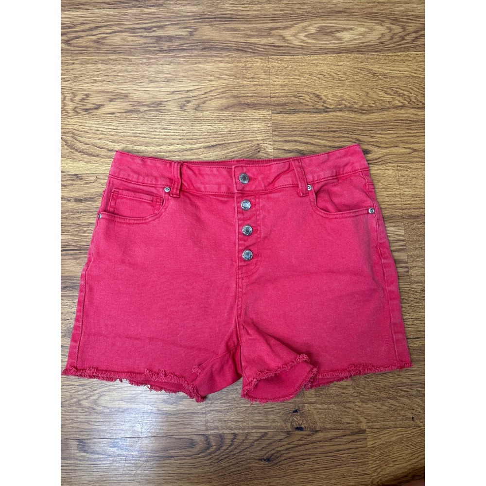 Maurices Womens Red High Rise Button Fly Raw Hem Denim Shorts Size 10